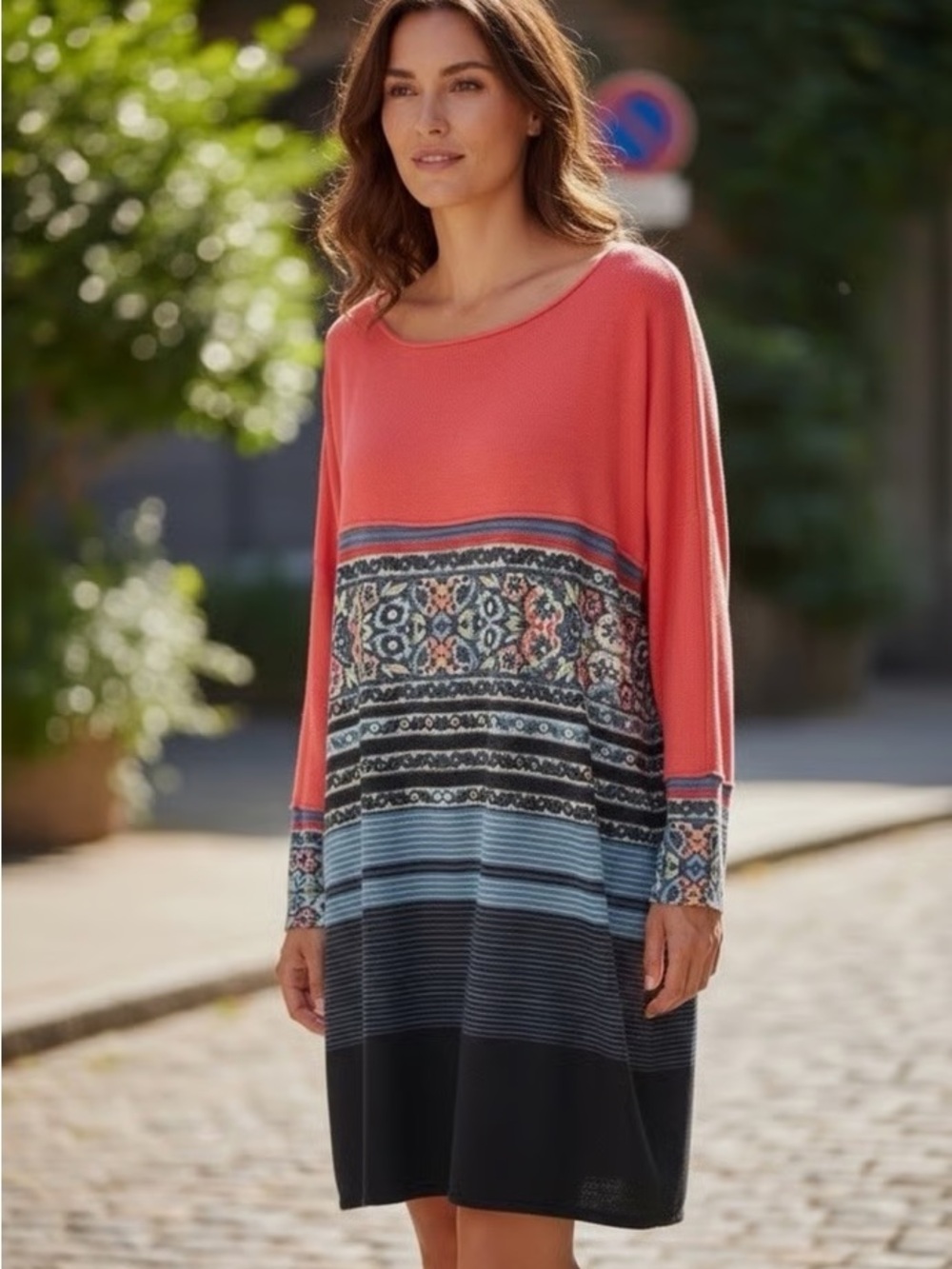 Free People Coral and Blue Patterned Long-Sleeve Tunic Dress